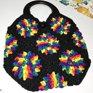 Black/Multi Color Granny Square Hand Bag with Dark Wood Handles